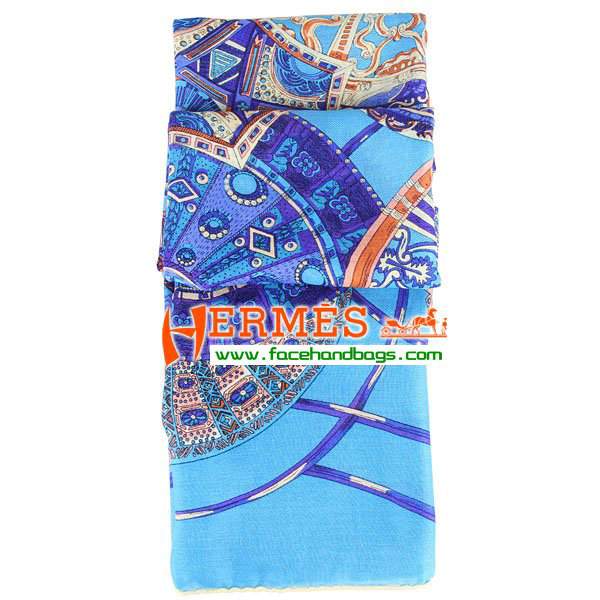 Hermes Hand-Rolled Cashmere Square Scarf Blue HECASS 130 x 130 - Click Image to Close